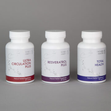 Nora Ross Product Photography Product shot of three herbal supplement bottles: Ultra Circulation Plus, Resveratrol Plus, and Total Health, captured by Coldea Productions.