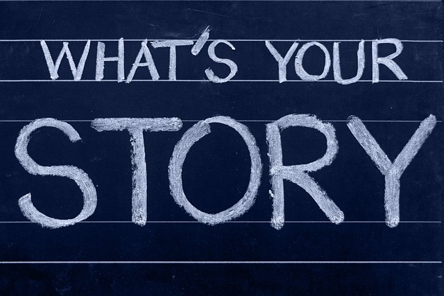 A chalkboard with the message "What's Your Story" written in large, bold letters.