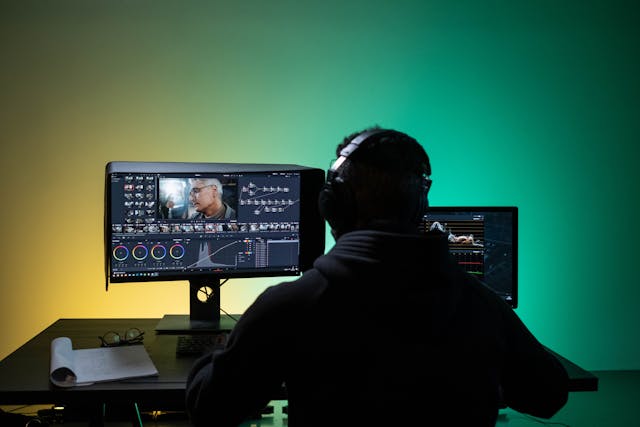 A man editing a video on his black computer