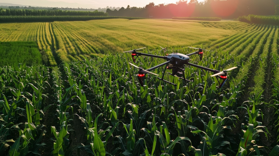 A drone flying over a green cornfield during sunset, conducting agricultural surveying or monitoring.