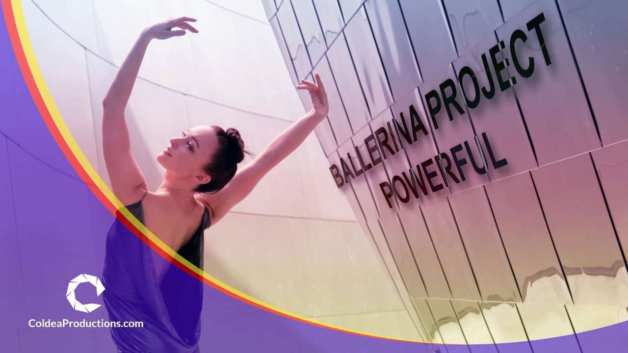 A graceful ballerina striking an elegant pose against a modern architectural backdrop, featured in the "Ballerina Project: Powerful" video production by Coldea Productions.