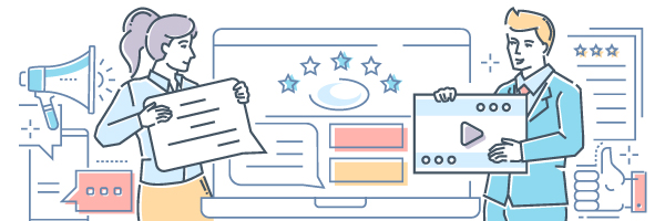 Illustration of a man and a woman presenting customer testimonials and video content on a computer screen.