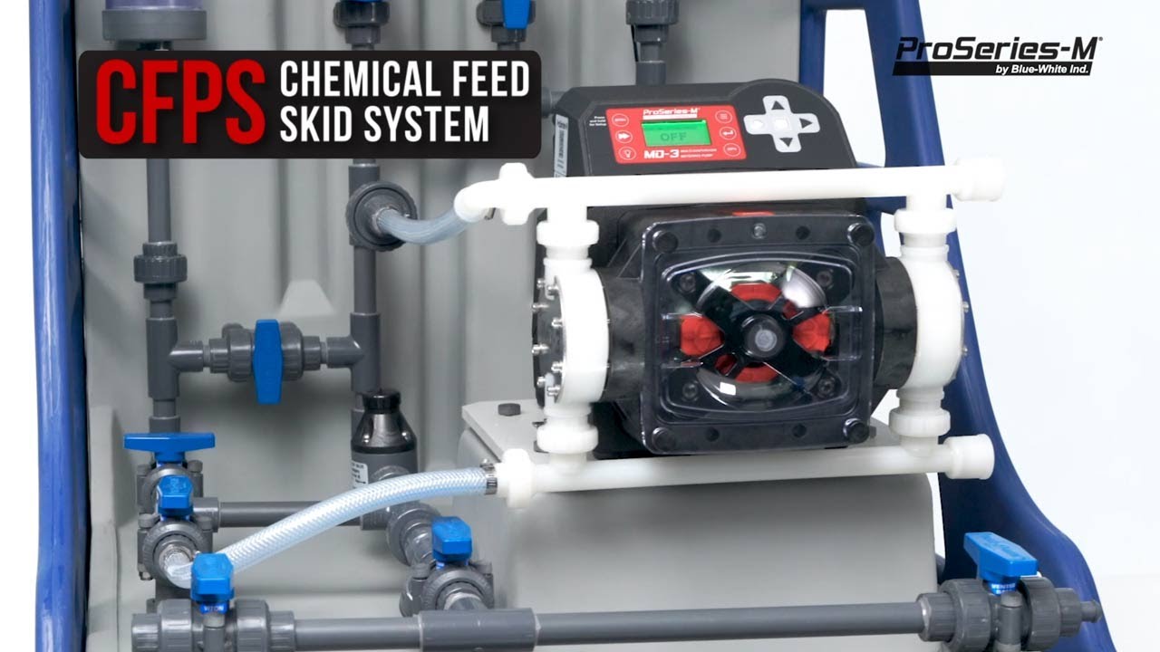 Chemical feed skid system with ProSeries-M water filtration pump, part of Blue-White Industries' product line.