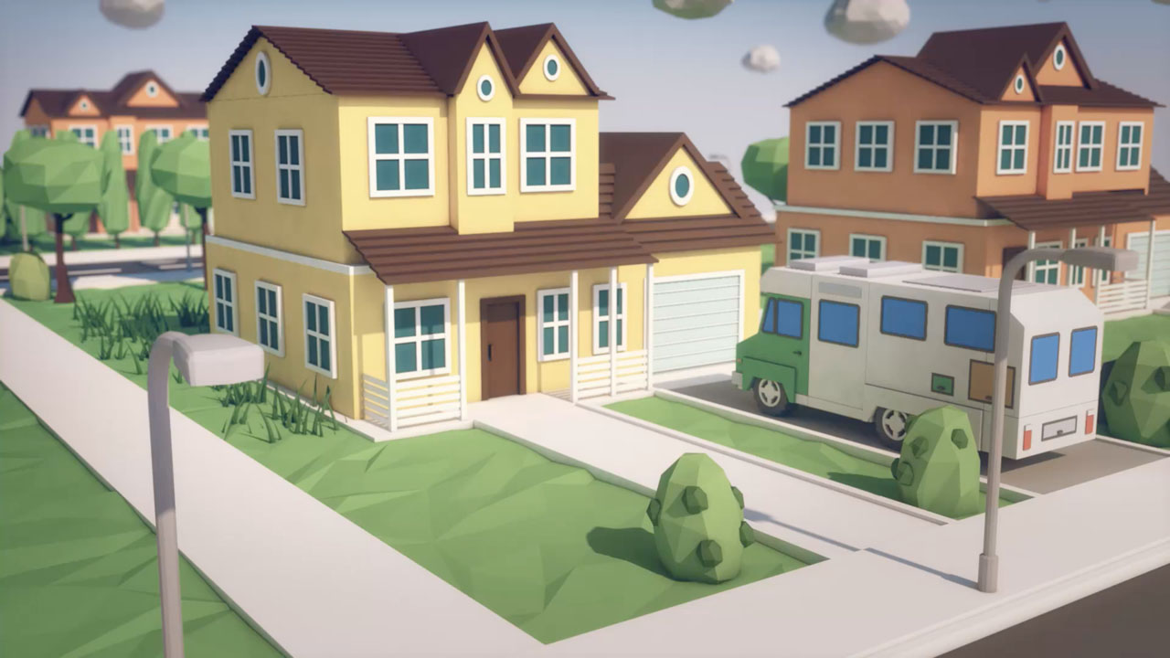 A low-poly 3D animated neighborhood scene, created by Coldea Productions, featuring a yellow house with a brown roof and an RV parked in the driveway. The simplistic, polygonal design highlights geometric shapes in a stylized suburban setting.