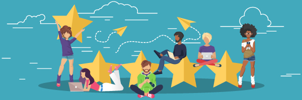 Illustration of diverse individuals interacting with large star ratings, symbolizing high customer satisfaction and positive reviews.