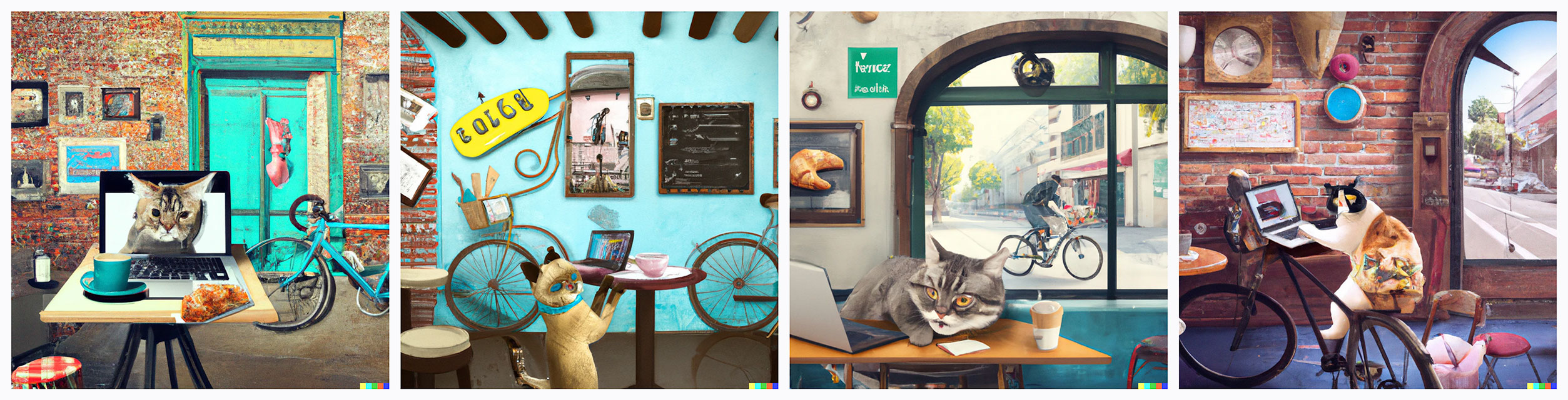 create a realistic image of a hipster cat working on a laptop in a coffee shop, the cat has a laptop a croissant and a cup of coffee. She is inside a busy coffee shop in hollywood california surrounded by celebrities. On the walls of the coffee shop there are bicycles used as decoration.