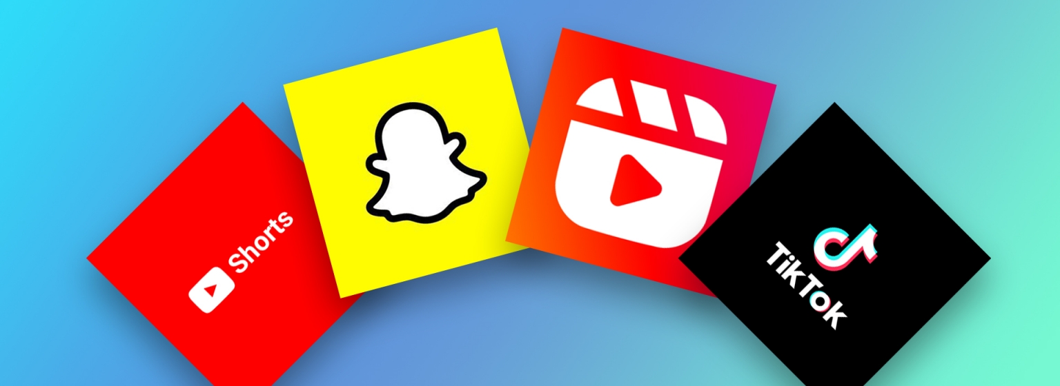 Logos of YouTube Shorts, Instagram Reels, Snapchat Spotlights, and TikTok representing top platforms for short-form video content creation and sharing