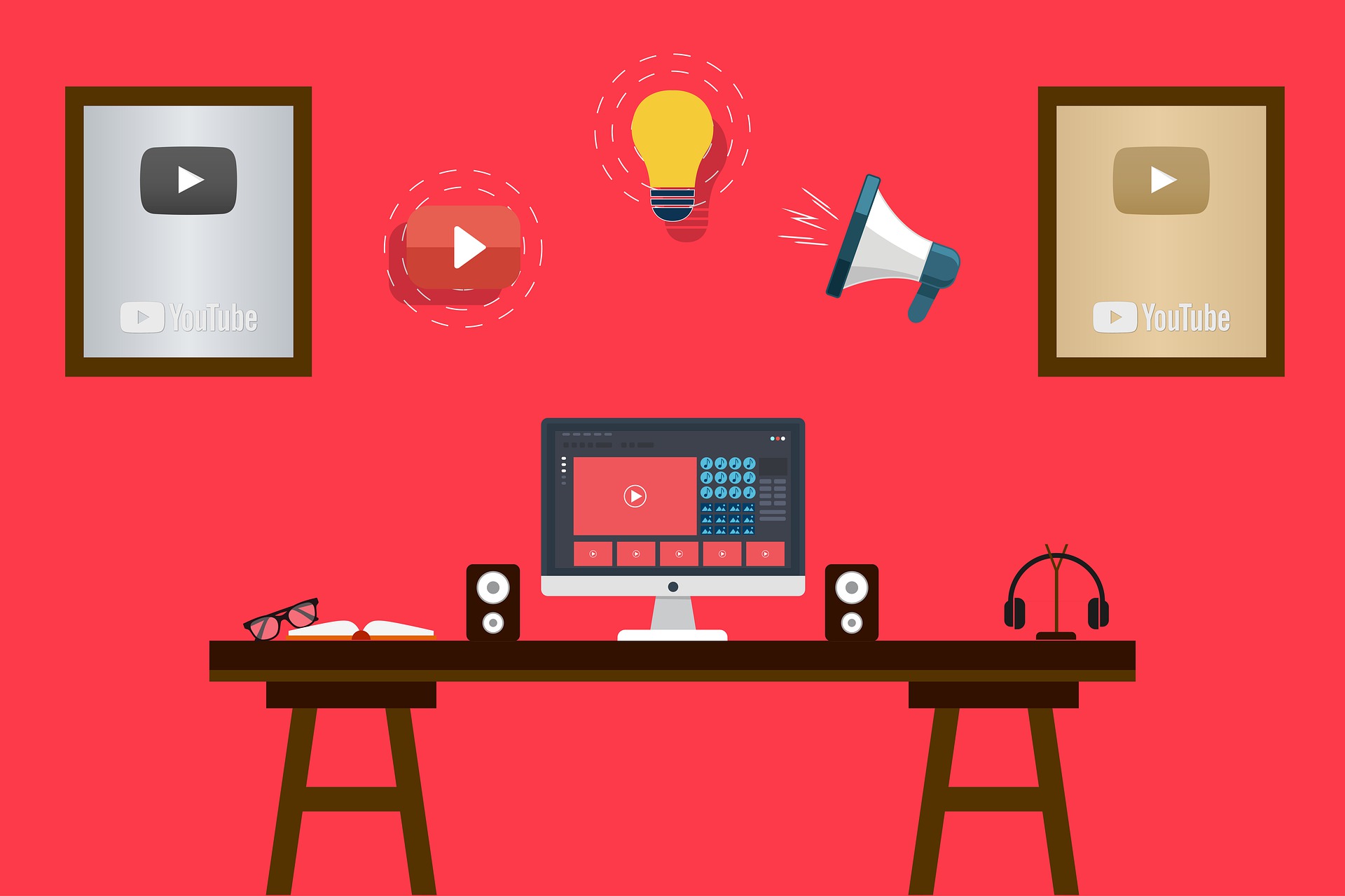 An illustration of a desk with a computer on a red background