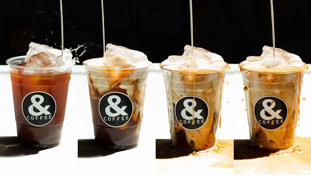 Four stages of iced coffee preparation from black coffee to creamy iced latte by & Coffee Co, captured in a dynamic video presentation by Coldea Productions.