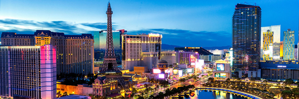 Panoramic view of Las Vegas cityscape at dusk, highlighting Coldea Productions' service area in Las Vegas, Nevada.