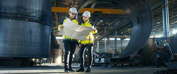 Two engineers in a manufacturing facility reviewing blueprints.