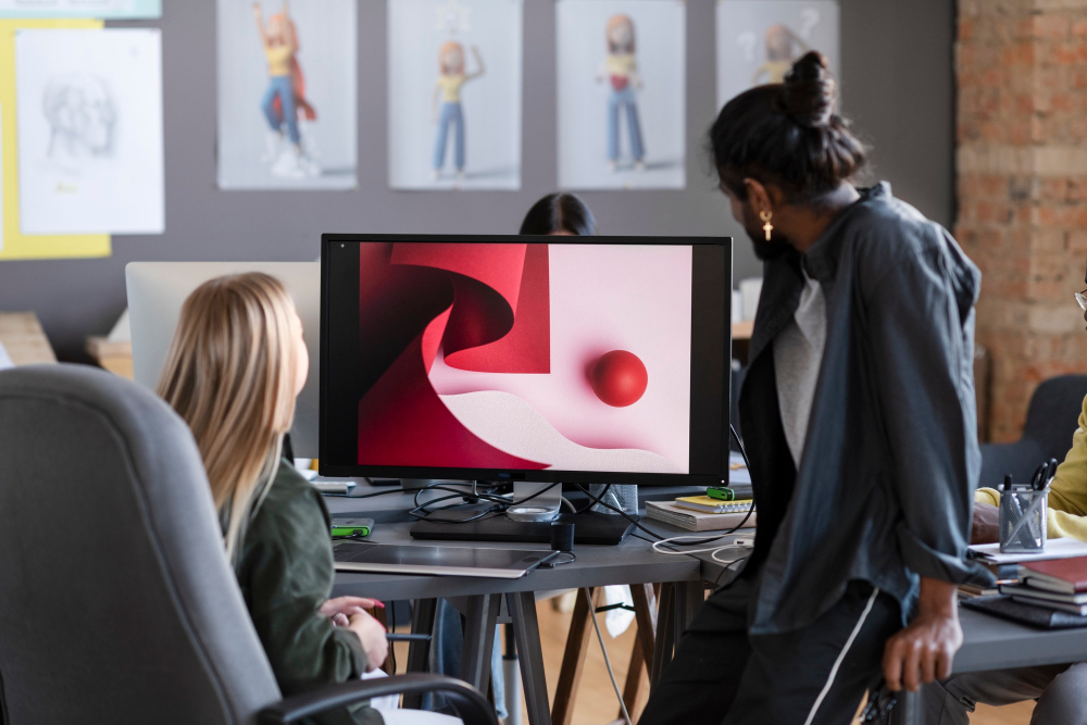 Design team collaborating on abstract digital art project at creative studio, with Coldea Productions showcasing professional teamwork and artistic inspiration.