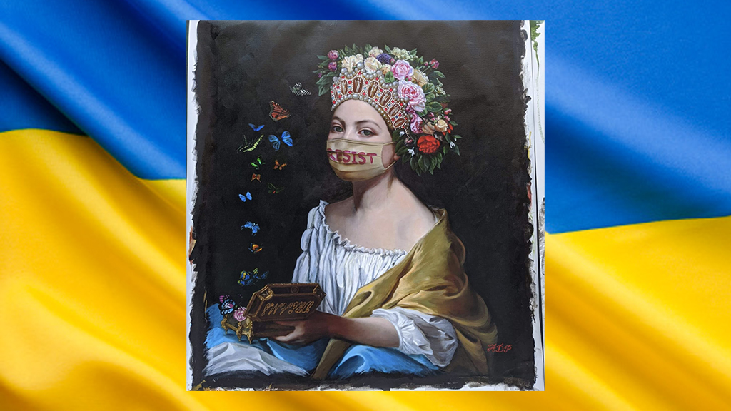 Mixed-media painting of a woman with a flower crown and a "RESIST" mask, set against a Ukrainian flag background, symbolizing solidarity with Ukraine.