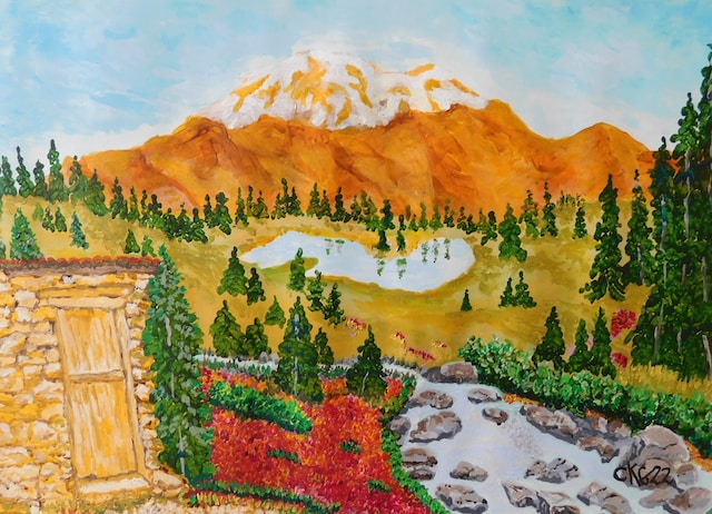 A painting of a vibrant mountain landscape with snow-capped peaks, pine trees, a flowing stream, and a stone building in the foreground.