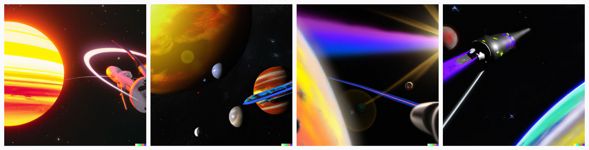 This is a photorealistic rendering of a spaceship flying away from planet earth, we see colorful planets and stras, in the distance we see the sun