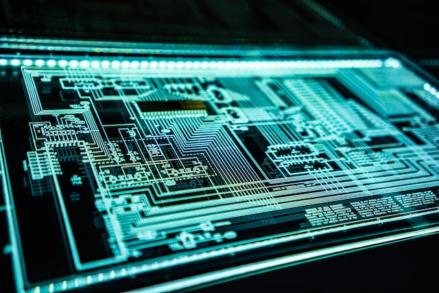 Close-up of a digital circuit board animation, showcasing Coldea Productions' expertise in tech animation services for technology and innovation industries