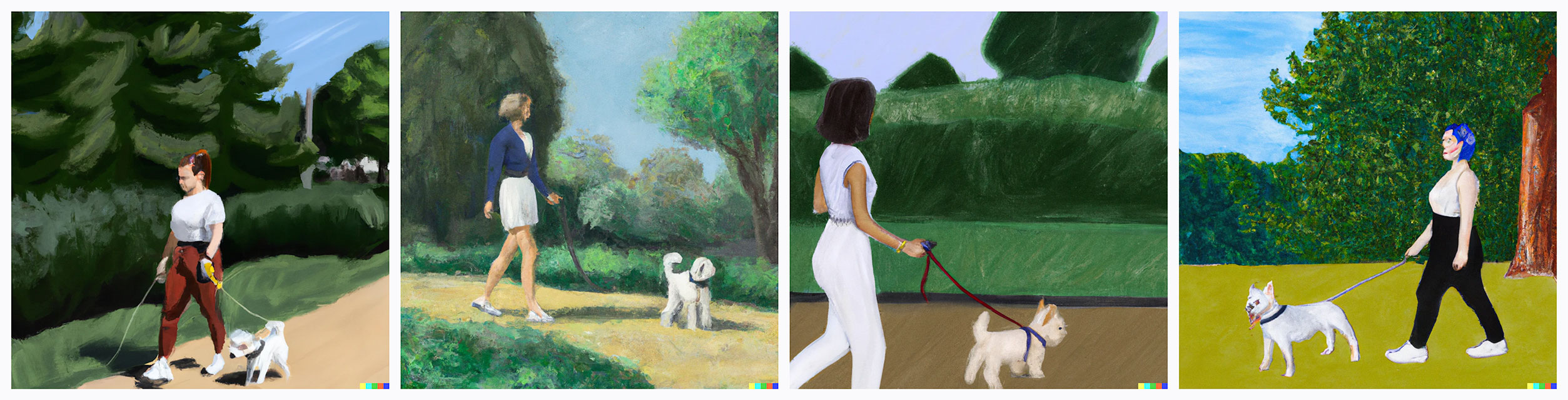 This is a painting of a woman walking her dog in a park. The woman is wearing exercise clothes and holding the dog's leash. The dog is a small, white breed and is walking beside her. In the background, there are trees and grass.