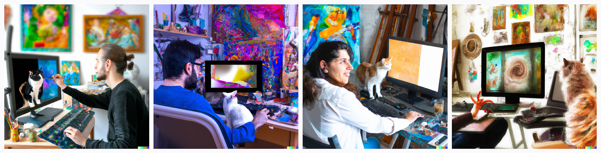 An image of a painter artist using the Ai DALL-E on a computer. next to the artist is an easel with a painting of a cat. the artist is inside an art studio, surrounded by a lot lot artwork