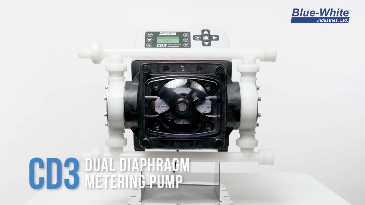 Close-up of Blue-White CD3 Dual Diaphragm Metering Pump product showcase by Coldea Productions Water Filtration Pump Video Presentation