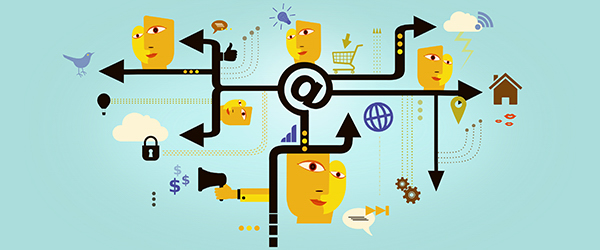 Illustration of interconnected digital icons and faces symbolizing communication and network flow.