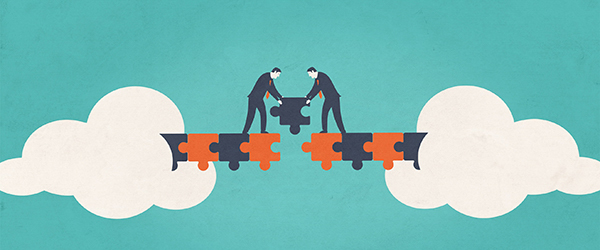 Two business figures connecting puzzle pieces, symbolizing collaboration and solutions, representing Coldea Productions' brand explainer video services.