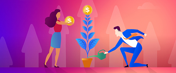 Illustration of a man and woman nurturing a plant with dollar signs, symbolizing business growth through brand explainer videos.