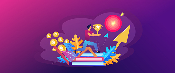 Illustration of a person holding a trophy with dollar signs, a target, and an upward arrow symbolizing business success through explainer videos.