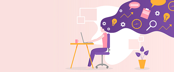 An animated illustration of a person working on a laptop with creative ideas represented as colorful icons and charts flowing from their thoughts, designed by Coldea Productions' video animation services.