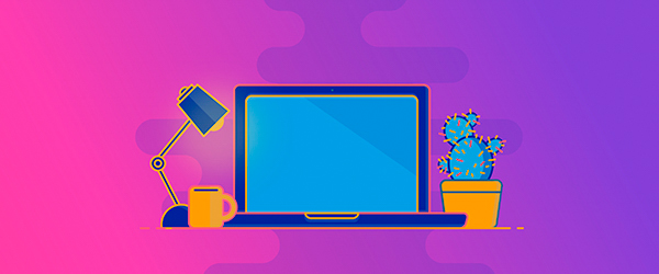Illustration of a workspace with a laptop, desk lamp, coffee mug, and cactus plant, symbolizing a creative and productive environment for video animation production.