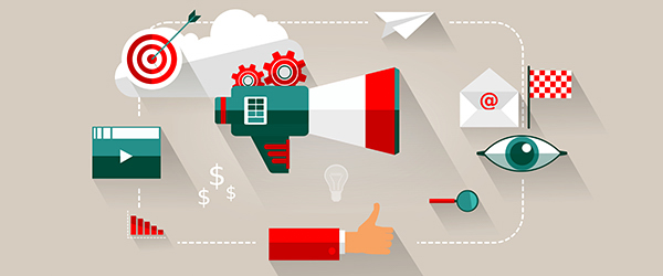 Illustration showing various elements of digital marketing, including a megaphone, target, email, and video, representing the impact of brand explainer videos.