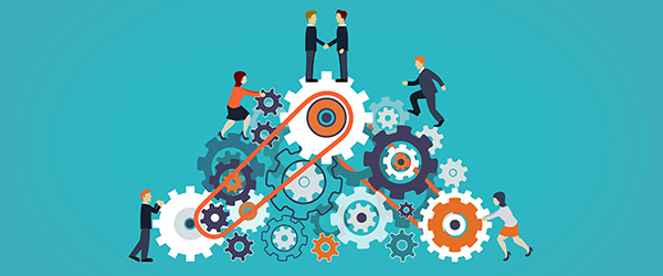 Illustration of animated gears and people collaborating, symbolizing Coldea Productions' nationwide video animation services.