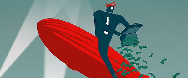 Animated businessman flying on a red blimp while scattering money, symbolizing investment and growth through brand explainer videos.