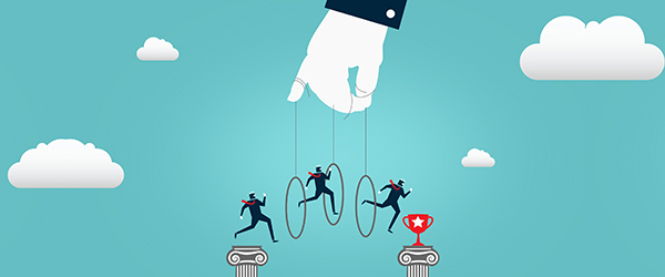 An illustration of three business figures jumping through hoops, controlled by strings from a large hand, symbolizing business challenges or corporate management. One of the figures is near a podium with a trophy on it, symbolizing achievement or success.