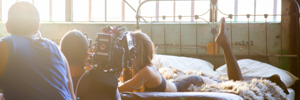 Coldea Productions filming a commercial scene with a model on set in Chino Hills, California, using professional camera equipment.