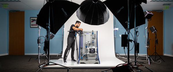 A professional video production setup featuring industrial equipment, representing Coldea Productions' expertise as a video production agency for content marketing.