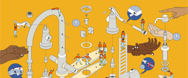 Illustrated breakdown of faucet components with miniature workers assembling parts, symbolizing detailed and systematic video production services.