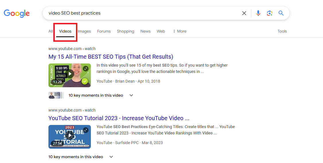 Screenshot of a Google search results page for "video SEO best practices" with the "Videos" tab selected, displaying YouTube video results including "My 15 All-Time Best SEO Tips (That Get Results)" by Brian Dean and "YouTube SEO Tutorial 2023 - Increase YouTube Video Rankings With Video SEO" by Surfside PPC.